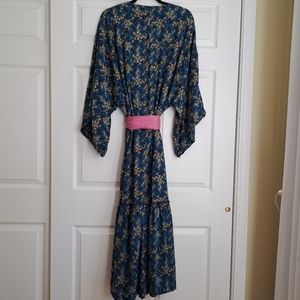 Anthropologie Long Slv Blue Floral pink gold Wrap Kimono Flounce M/L Excellent